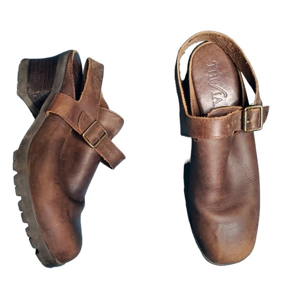 Vintage Shoes - Vintage 1990s Trivia Brown Leather Chunky Heel Harness Slingback Clogs 8.5